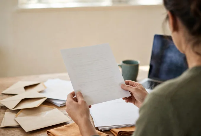 AI-generated image of a person holding a sheet of paper at a wooden desk with envelopes, other papers, a laptop and a mug.