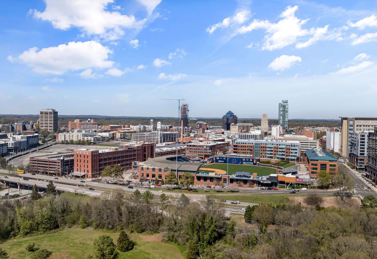 Downtown Durham, North Carolina, seen from above on a clear day.