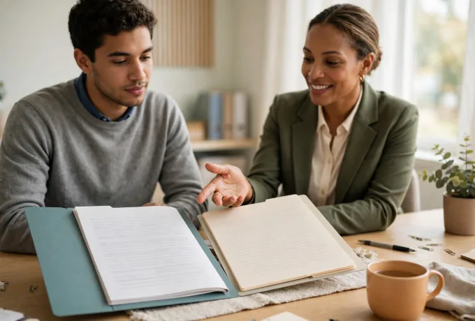 AI-generated image of two adults seated at a table reviewing open folders and paperwork, with one gesturing toward the pages.